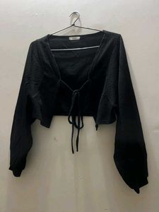 Black Ribbed Cropped Tie-Back Top