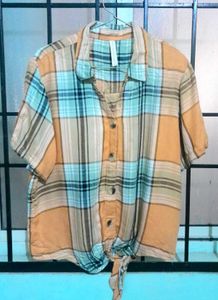 Tied Plaid Button-Down Top