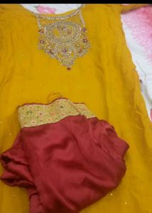 Yellow Kurta Set with Embellished Neckline