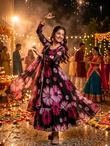 anarkali suit with dupatta , black and pink colour