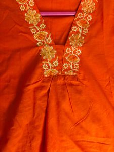 Bright Orange Embroidered Three Piece Suit Set