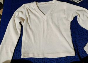 Cream V-Neck Long Sleeve Top