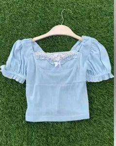 ajio Blue Lace Trim Puff Sleeve Top