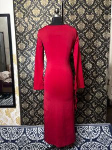 Red Ruched Bodycon Dress with Side Slit