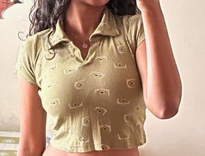 Cute Bear Print Polo crop top