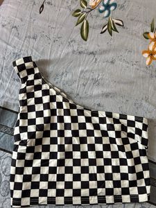Checkered One Shoulder Crop Top