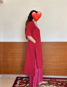 Red Kurta with Striped Palazzo Pants