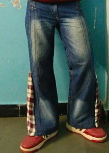 Unique Flared Jeans with Plaid Accents
