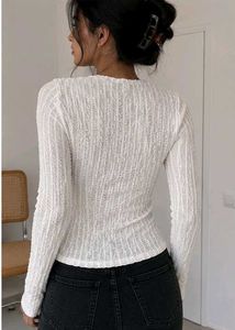 Textured Fitted White Full-Sleeve Top