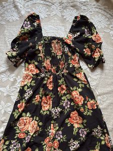Black Floral Puff Sleeve Midi Dress