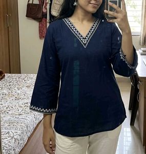 Navy Blue Embroidered Kurti Top