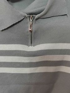 Gray Striped Zip-Up Polo Top