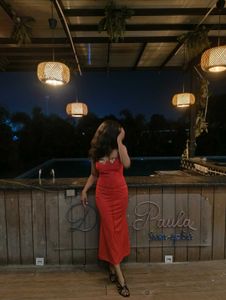 Red Embroidered Midi length dress