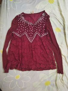 Maroon Embellished V-Neck Top