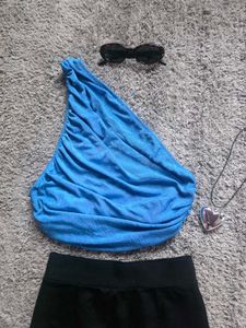 Blue One-Shoulder Ruched Dress