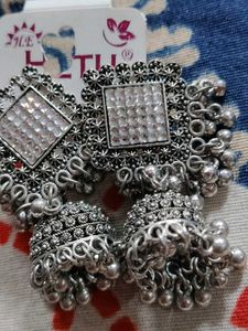 Elegant Oxidized Silver Jhumka Earrings
