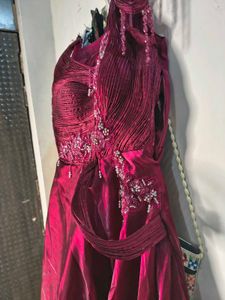 Wine Pleated Silk Designer Gown