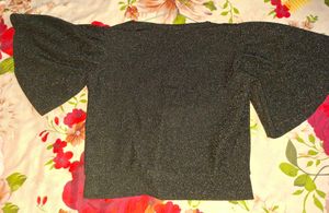 Sparkly Black V-Neck Flutter Sleeve Top