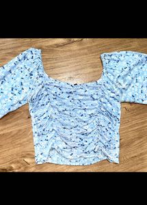 Blue Floral Ruched Crop Top