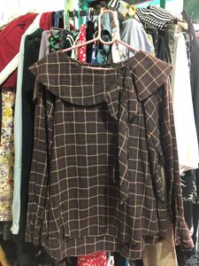 Brown Checkered Long Sleeve Top