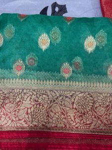 Elegant Green Silk Saree with Gold Border