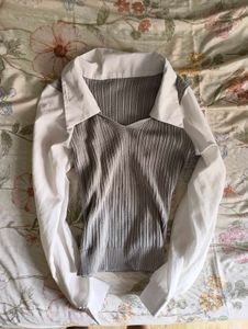Korean Ribbed Sweater with Collared Shirt