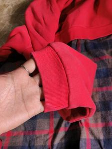 Red Sweatshirt with Plaid Shirt