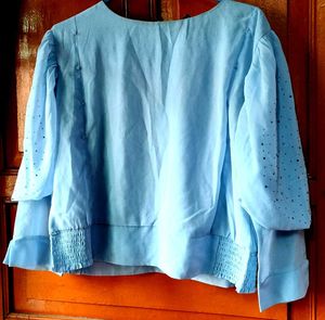 Elegant Light Blue Top with Embellished Sleeve