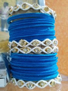 Blue Velvet Bangles with White Embellishments