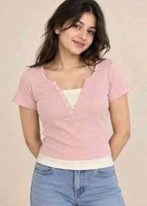Pink Ribbed Henley Top with Cream Layer