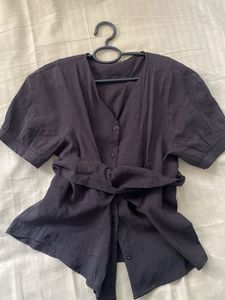 black  Button-Up Blouse with Belt