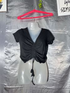 Ally Black Ruched Drawstring Top