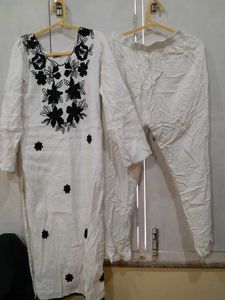 Elegant White Kurta with Black Embroidery
