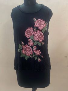 Black Sleeveless Top with Rose Embroidery