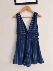 Pull&amp;Bear Navy Pinstripe V-Neck Romper