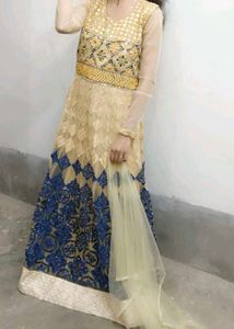 Elegant Blue &amp; Gold Ethnic Gown + free gift