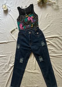 Stylish Ripped Jeans &amp; Floral Top Set