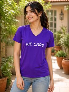Purple "WE CARE" V-Neck T-Shirt