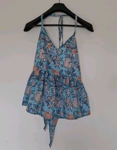 Floral Print Blue Halter Neck Peplum Top