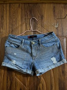 Sparkling Embellished Denim Shorts