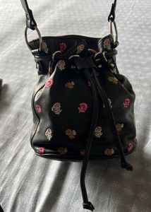 Black Embroidered Drawstring Bucket Bag