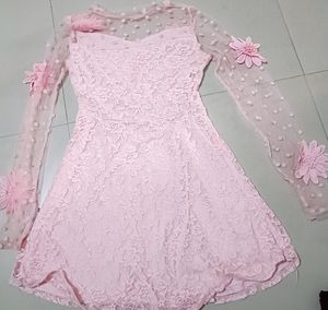 Pink Flower Flared One Piece Dress