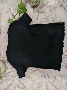Chic Black Smocked Lettuce-Trim Tee | Textured Cro