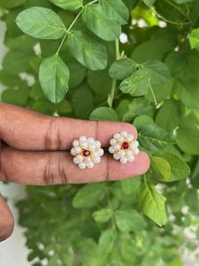 Pearl &amp; Ruby Flower Stud Earrings