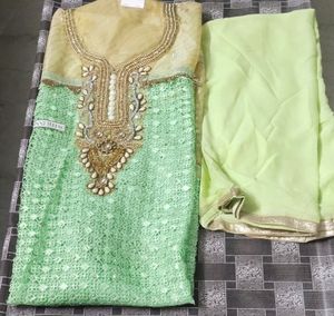 Green Embroidered Suit With Dupatta And Satan Lining