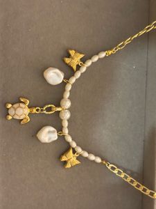 Gold Tone Pearl &amp; Turtle Necklace