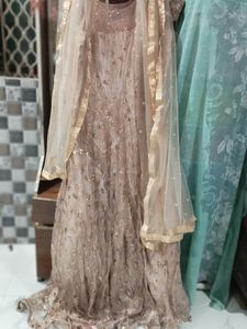 Elegant Nude Gold Embroidered Anarkali Gown