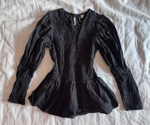 Black Smocked Puff Sleeve Peplum Top