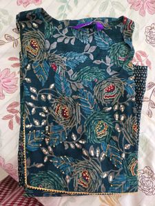 Libas Teal Botanical Print Embellished Kurta Set