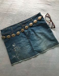 Embroidered Denim Mini Skirt with Chain Belt